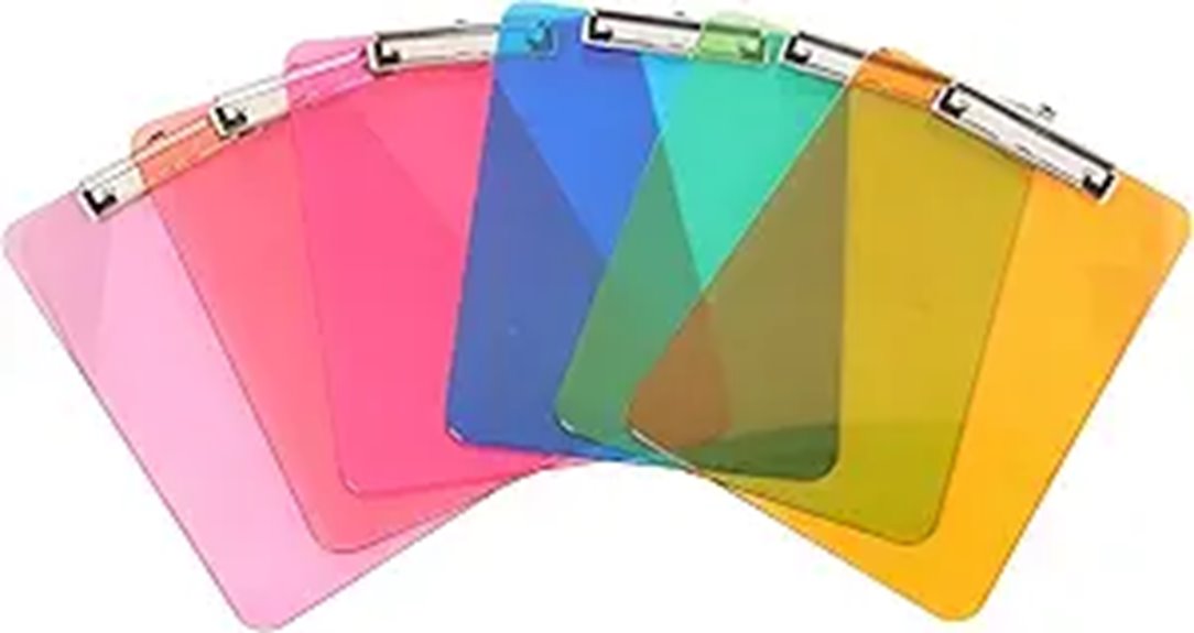 six colorful plastic clipboards