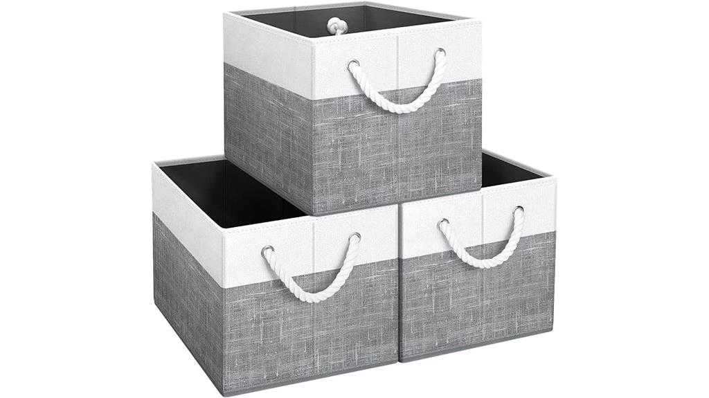 three fabric storage bins